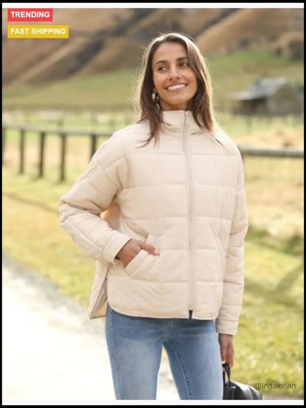Nylon Quilted Puffer Jacket with Zipper and Pockets